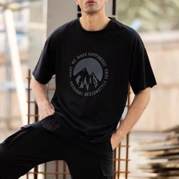 Unisex Bisiklet Yaka Baskılı Oversize T-Shirt - Siyah