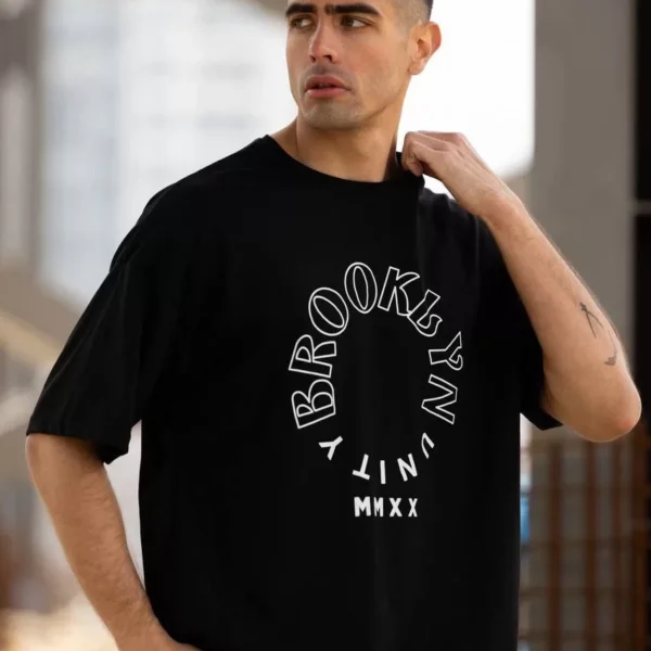 Unisex Bisiklet Yaka Baskılı Oversize T-Shirt - Siyah