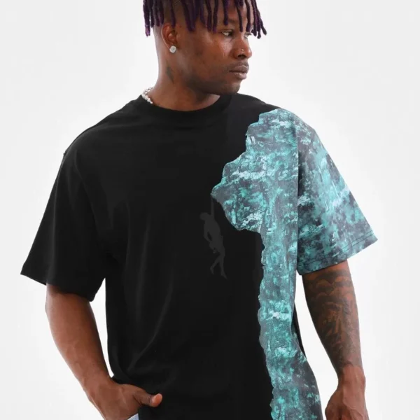Unisex Bisiklet Yaka Baskılı Oversize T-Shirt - Siyah