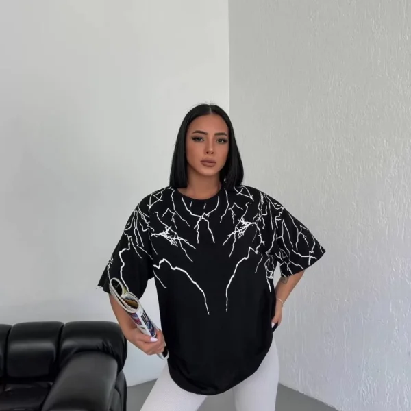 Unisex Bisiklet Yaka Baskılı Oversize T-Shirt - Siyah