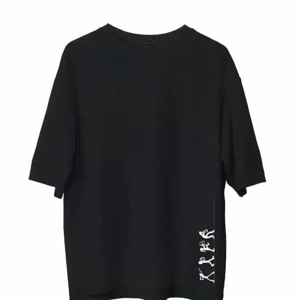Unisex Bisiklet Yaka Baskılı Oversize T-Shirt - Siyah