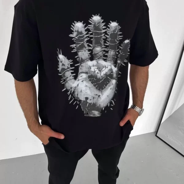 Unisex Bisiklet Yaka Baskılı Oversize T-Shirt - Siyah