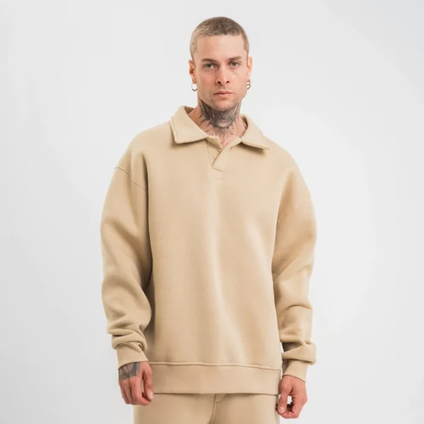 Unisex Double Oversize Patlı Yaka SweatShirt - Bej