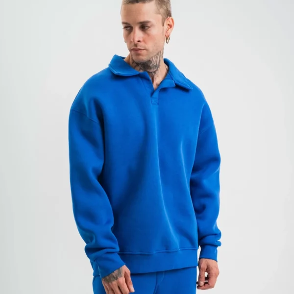 Unisex Double Oversize Patlı Yaka SweatShirt - Mavi