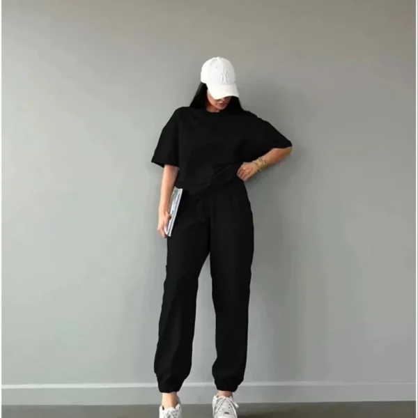 Unisex Düz T-Shirt ve Eşofman Takımı - Siyah