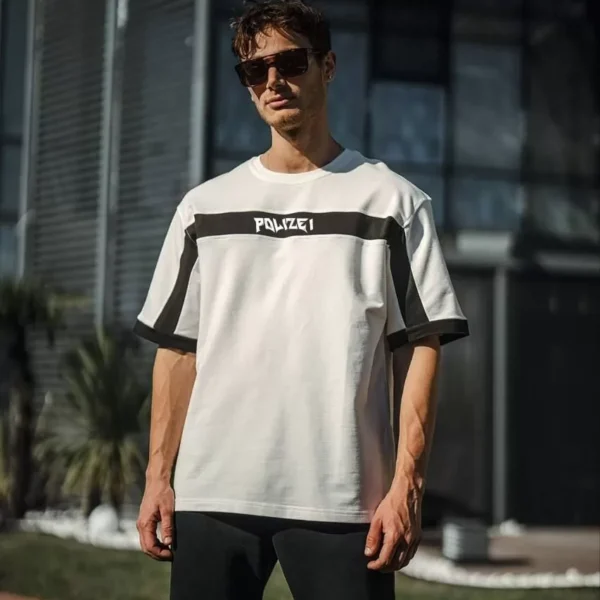 Unisex İki Yandan Fermuarlı Parçalı Baskılı Oversize T-Shirt - Beyaz