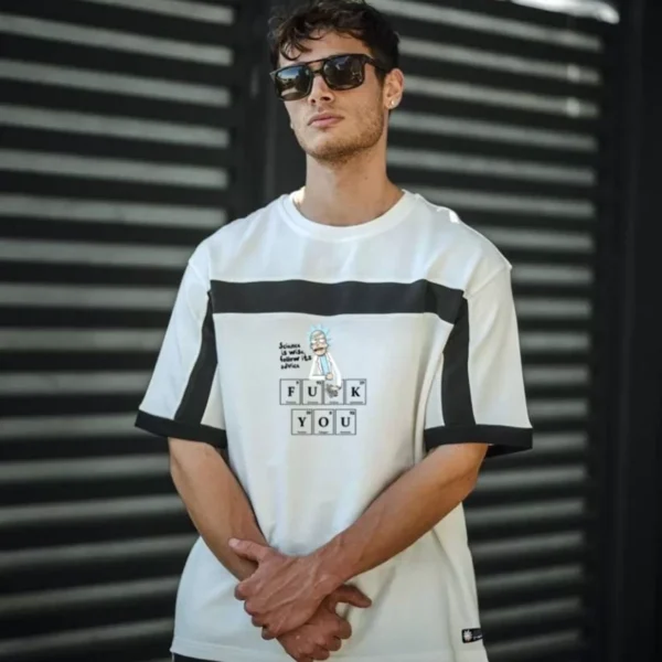 Unisex İki Yandan Fermuarlı Parçalı Baskılı Oversize T-shirt - Beyaz