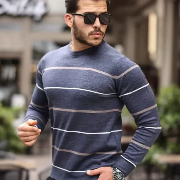 Unisex İnce Çizgili Bisiklet Yaka Triko Kazak - Füme