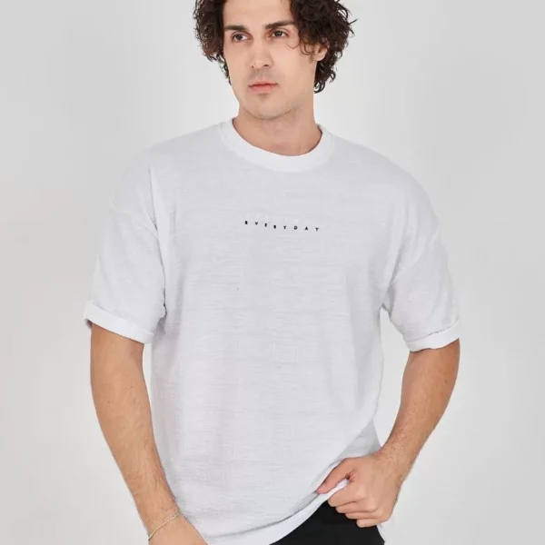 Unisex Jakar Kumaş Rahat Kol T-Shirt - Beyaz