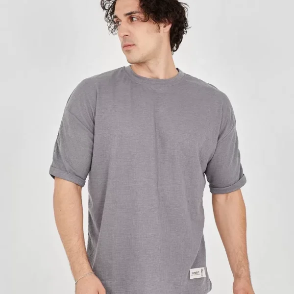 Unisex Jakar Kumaş Rahat Kol T-Shirt - Gri