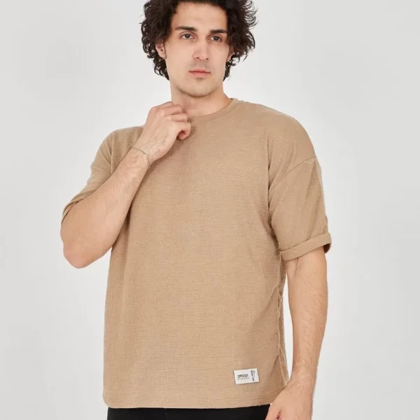 Unisex Jakar Kumaş Rahat Kol T-Shirt - Kahverengi
