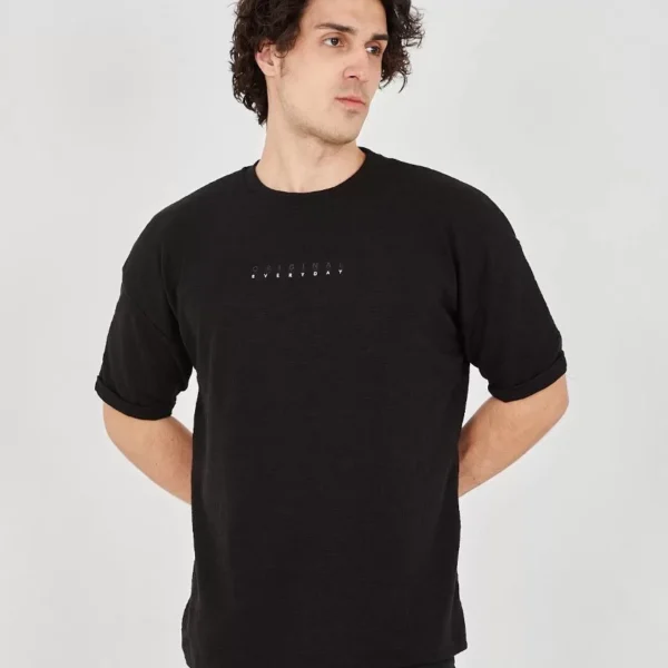Unisex Jakar Kumaş Rahat Kol T-Shirt - Siyah