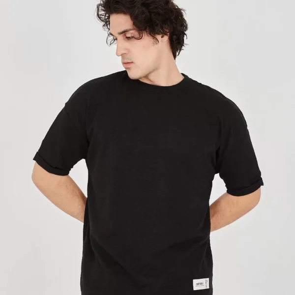 Unisex Jakar Kumaş Rahat Kol T-Shirt - Siyah