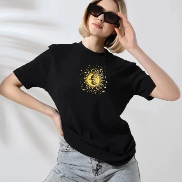 Unisex Kadın Bisiklet Yaka Baskılı T-Shirt - Siyah