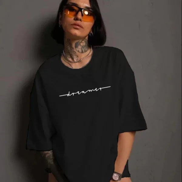 Unisex Kadın Bisiklet Yaka Baskılı T-Shirt - Siyah