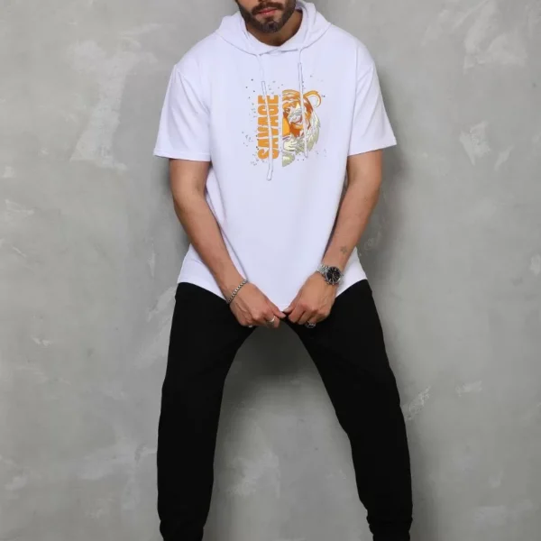 Unisex Kapşonlu Kısa Kol Oversize Baskılı T-Shirt - Beyaz