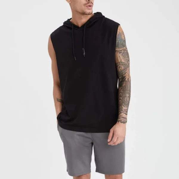 Unisex Kapşonlu Kolsuz Düz Oversize T-shirt - Siyah