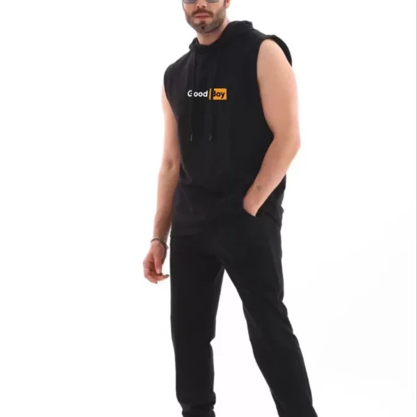 Unisex Kapşonlu Kolsuz Oversize Baskılı Tişört - Siyah