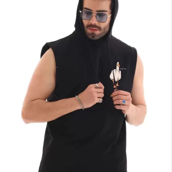 Unisex Kapşonlu Kolsuz Oversize Baskılı Tişört - Siyah
