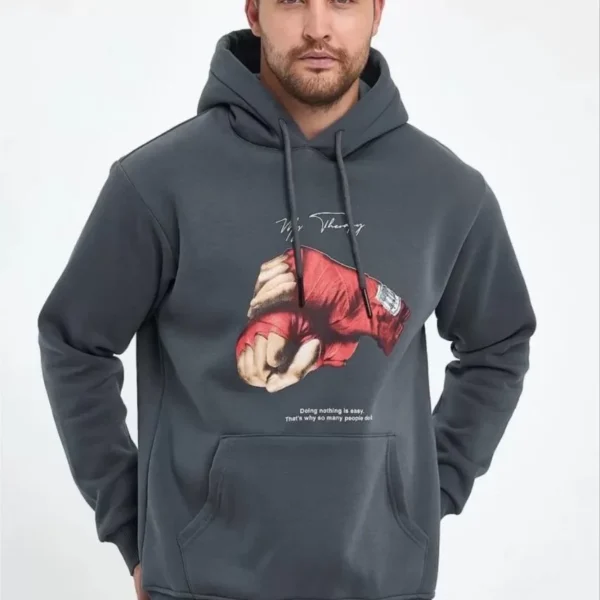 Unisex Kapüşonlu Üç İplik Oversize Baskılı Sweatshirt - Gri