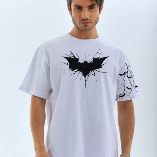 Unisex Ön ve Kol Baskılı Oversize T-shirt - Beyaz