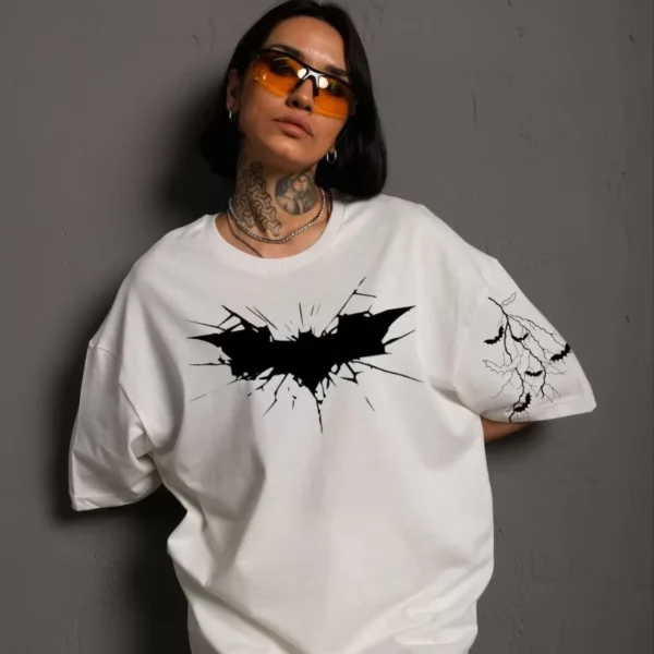Unisex Ön ve Kol Baskılı Oversize T-shirt - Beyaz