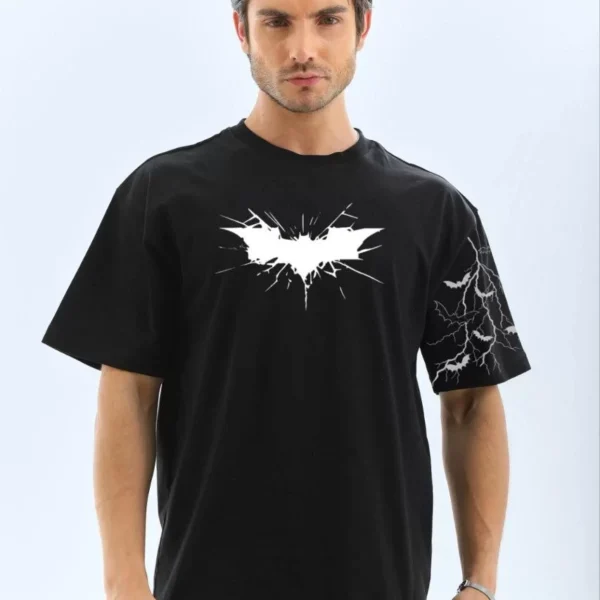 Unisex Ön ve Kol Baskılı Oversize T-shirt - Siyah