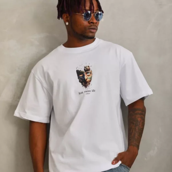 Unisex Oversize Baskılı Bisiklet Yaka T-Shirt - Beyaz