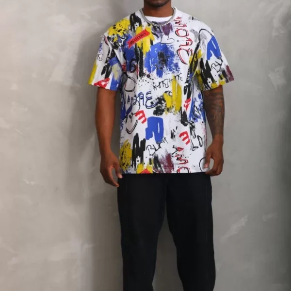 Unisex Oversize Baskılı Bisiklet Yaka T-Shirt - Beyaz