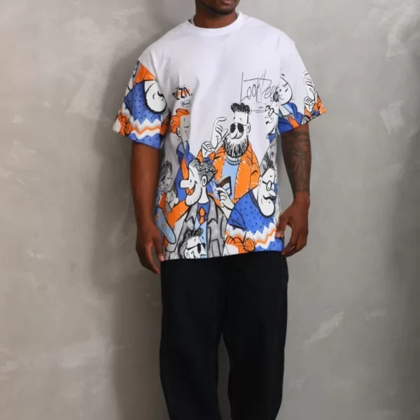 Unisex Oversize Baskılı Bisiklet Yaka T-Shirt - Beyaz