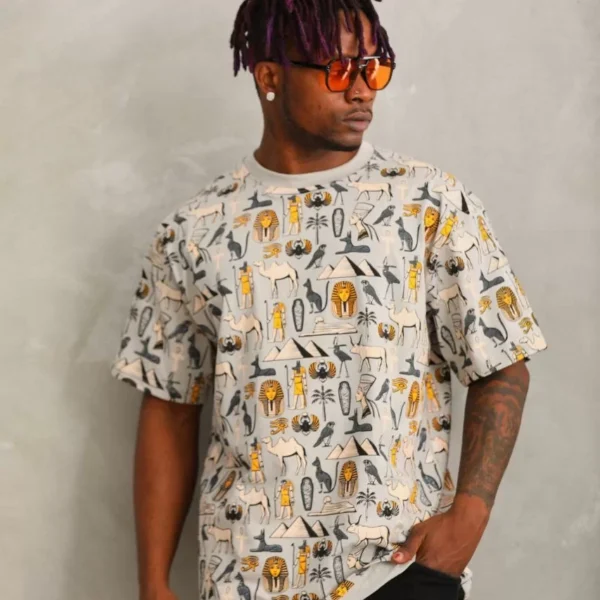 Unisex Oversize Baskılı Bisiklet Yaka T-Shirt - Gri
