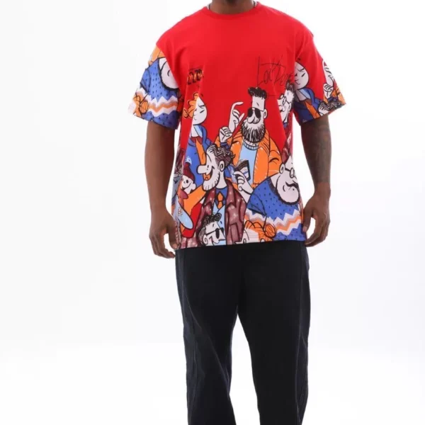 Unisex Oversize Baskılı Bisiklet Yaka T-Shirt - Kırmızı