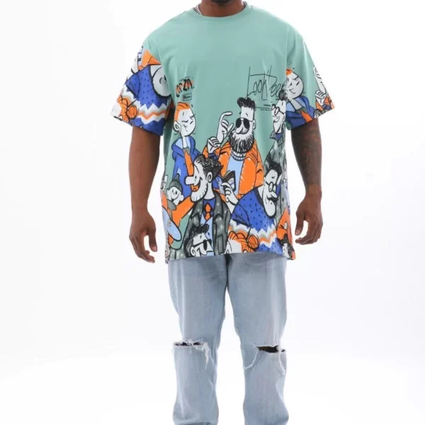 Unisex Oversize Baskılı Bisiklet Yaka T-Shirt - Mint Yeşili