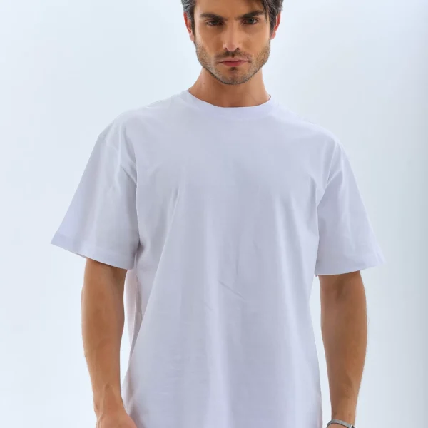 Unisex Oversize Düz Bisiklet Yaka T-Shirt - Beyaz