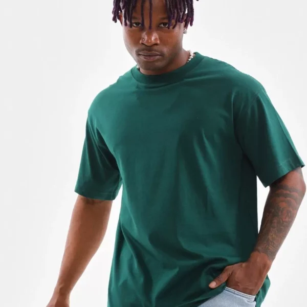 Unisex Oversize Düz Bisiklet Yaka T-Shirt - Koyu Yeşili