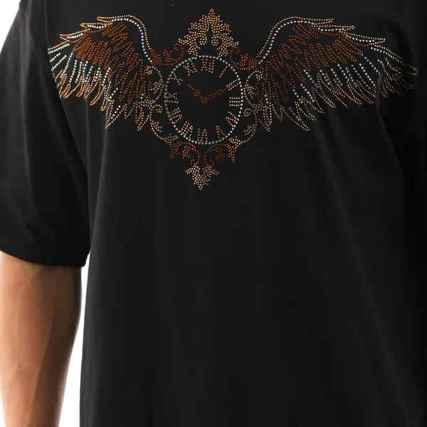 Unisex Oversize Taşlı Bisiklet Yaka T-Shirt - Siyah