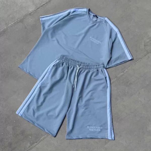 Unisex Şeritli Baskılı Şortlu Takım - Boyalı Gri