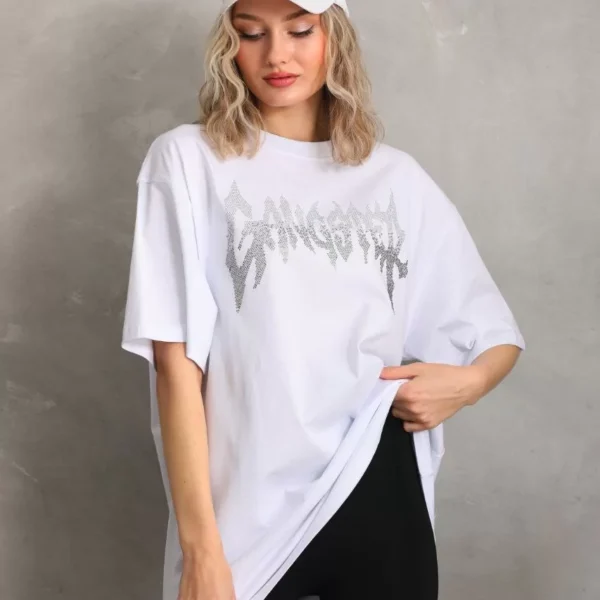 Unisex Taş Desenli Oversize T-Shirt - Beyaz