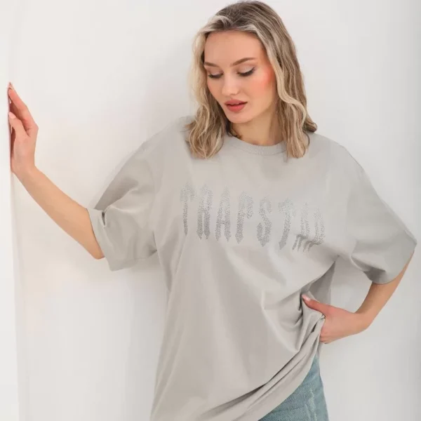 Unisex Taş Desenli Oversize T-Shirt - Gri