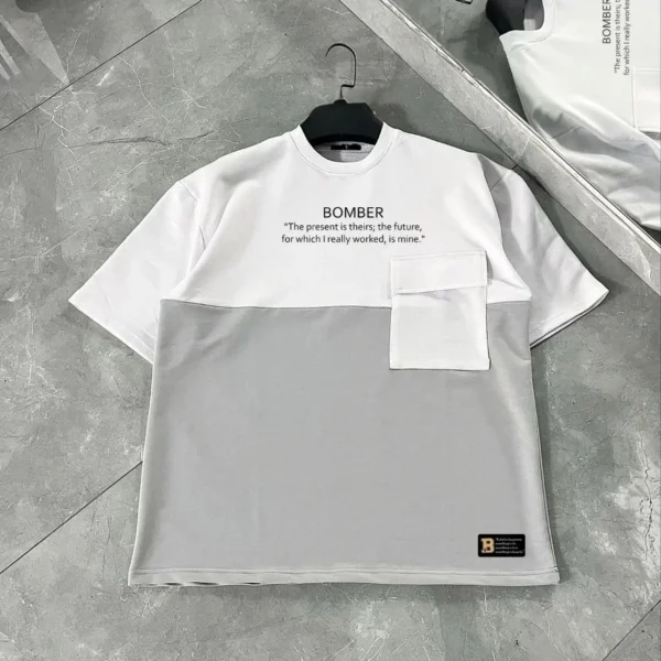 Unisex Torba Cep Detaylı  Parçalı T-Shirt - Gri