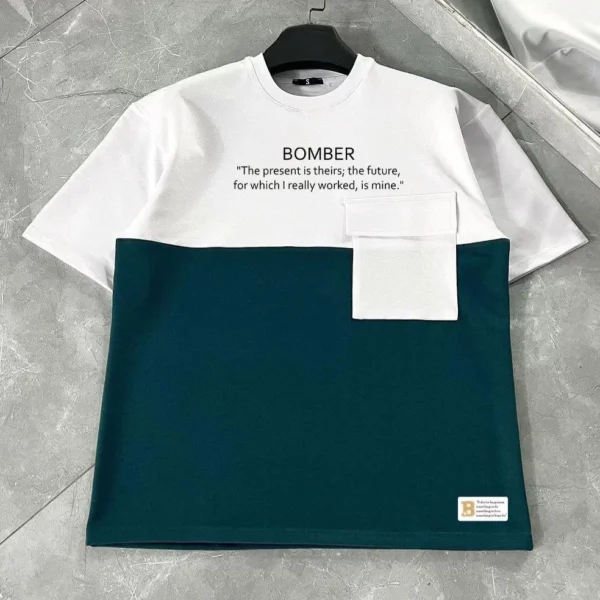 Unisex Torba Cep Detaylı  Parçalı T-Shirt - Lacivert
