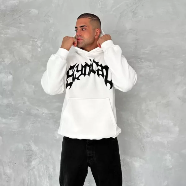 Unisex Üç İplik Kapüşonlu Baskılı SweatShirt - Beyaz
