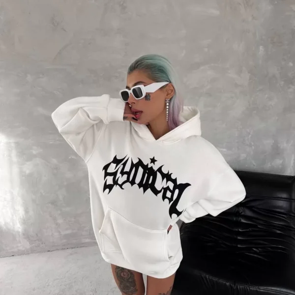 Unisex Üç İplik Kapüşonlu Baskılı SweatShirt - Beyaz