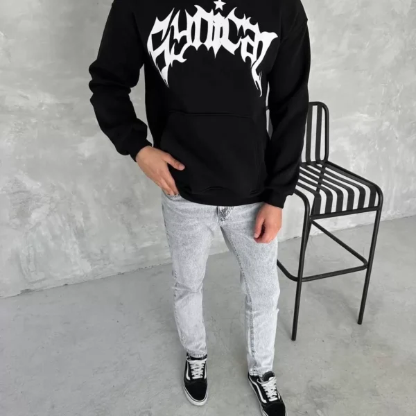 Unisex Üç İplik Kapüşonlu Baskılı SweatShirt - Siyah