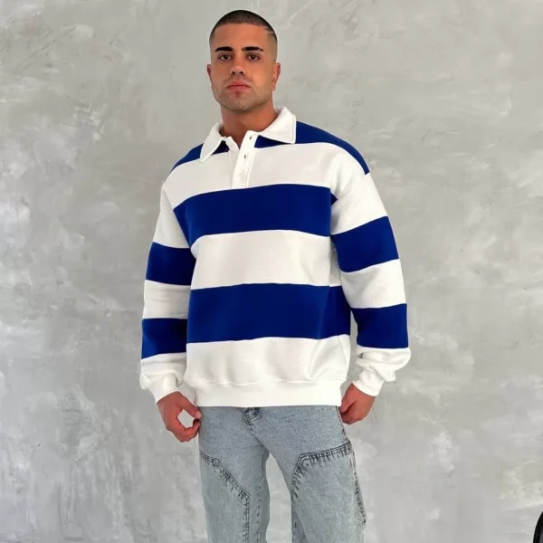 Unisex Üç İplik Parçalı Yakalı SweatShirt - Mavi