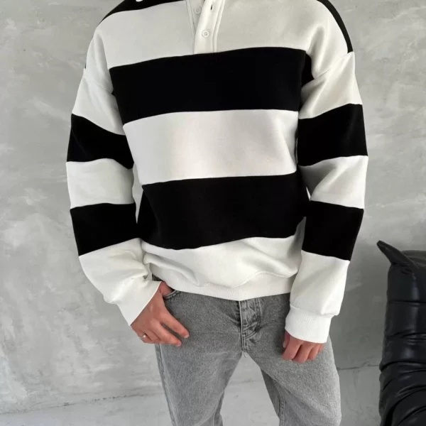 Unisex Üç İplik Parçalı Yakalı SweatShirt - Siyah