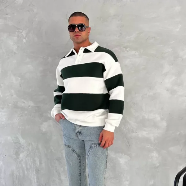 Unisex Üç İplik Parçalı Yakalı SweatShirt - Yeşil
