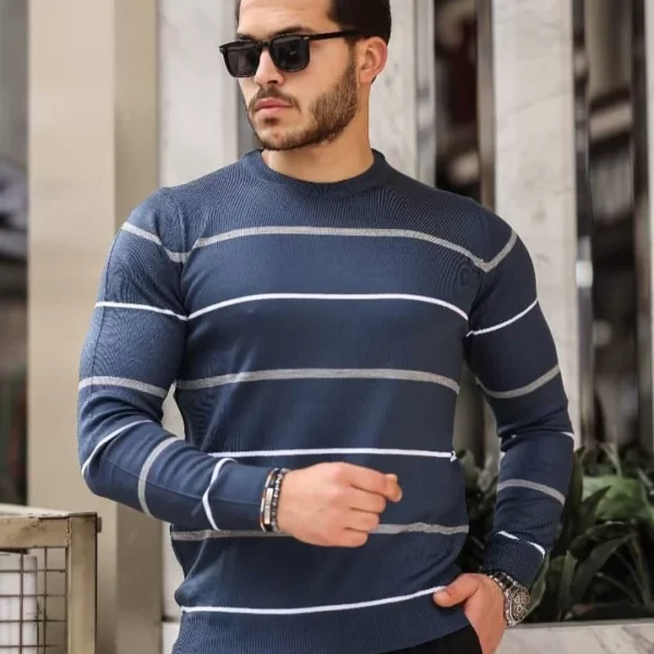 Unisex İnce Çizgili Bisiklet Yaka Triko Kazak - Lacivert