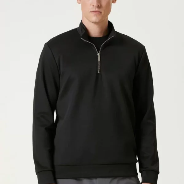 Unisex Uzun Kol Yarım Farmuarlı Yakalı Basic SweatShirt - Siyah