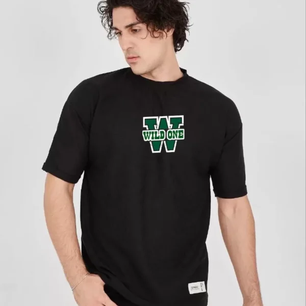 Unisex Waffle Kumaş Çift Katlamalı Kol Baskılı T-Shirt - Siyah